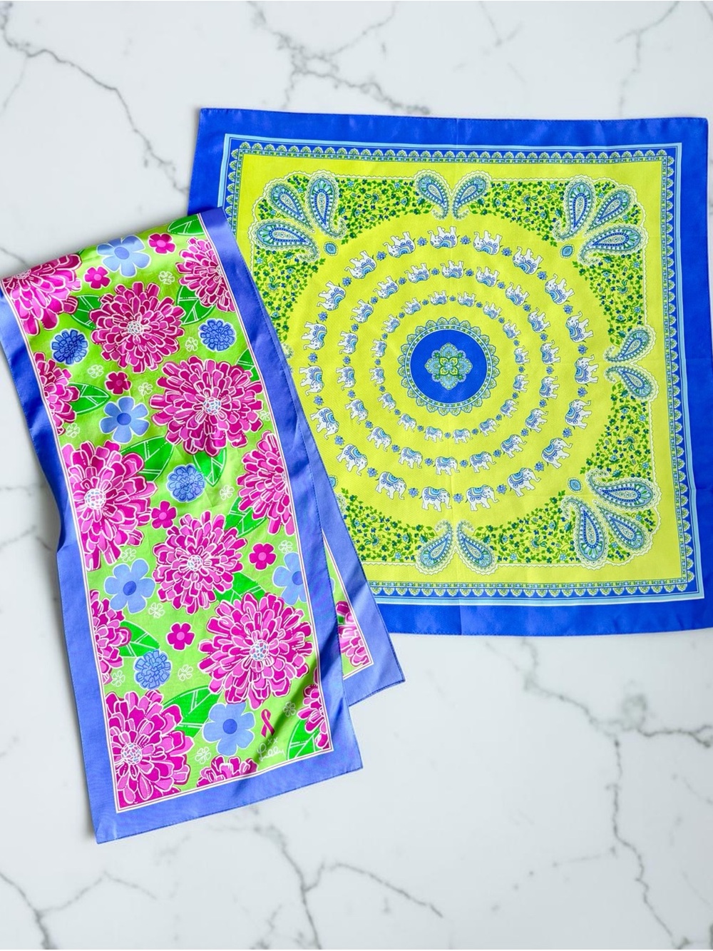 LOT of 2 Silk Scarves: Lilly Pulitzer & Elephant Print Neon Pink/Blue/Green